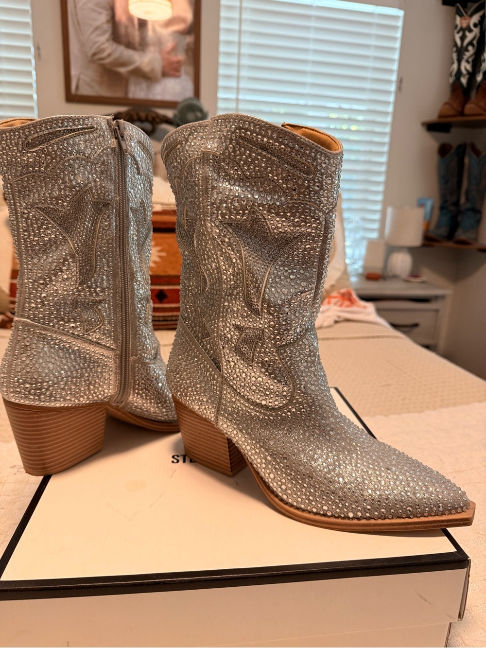 Crown Vintage Silver Rhinestone Lace-Up Western Ankle Boots